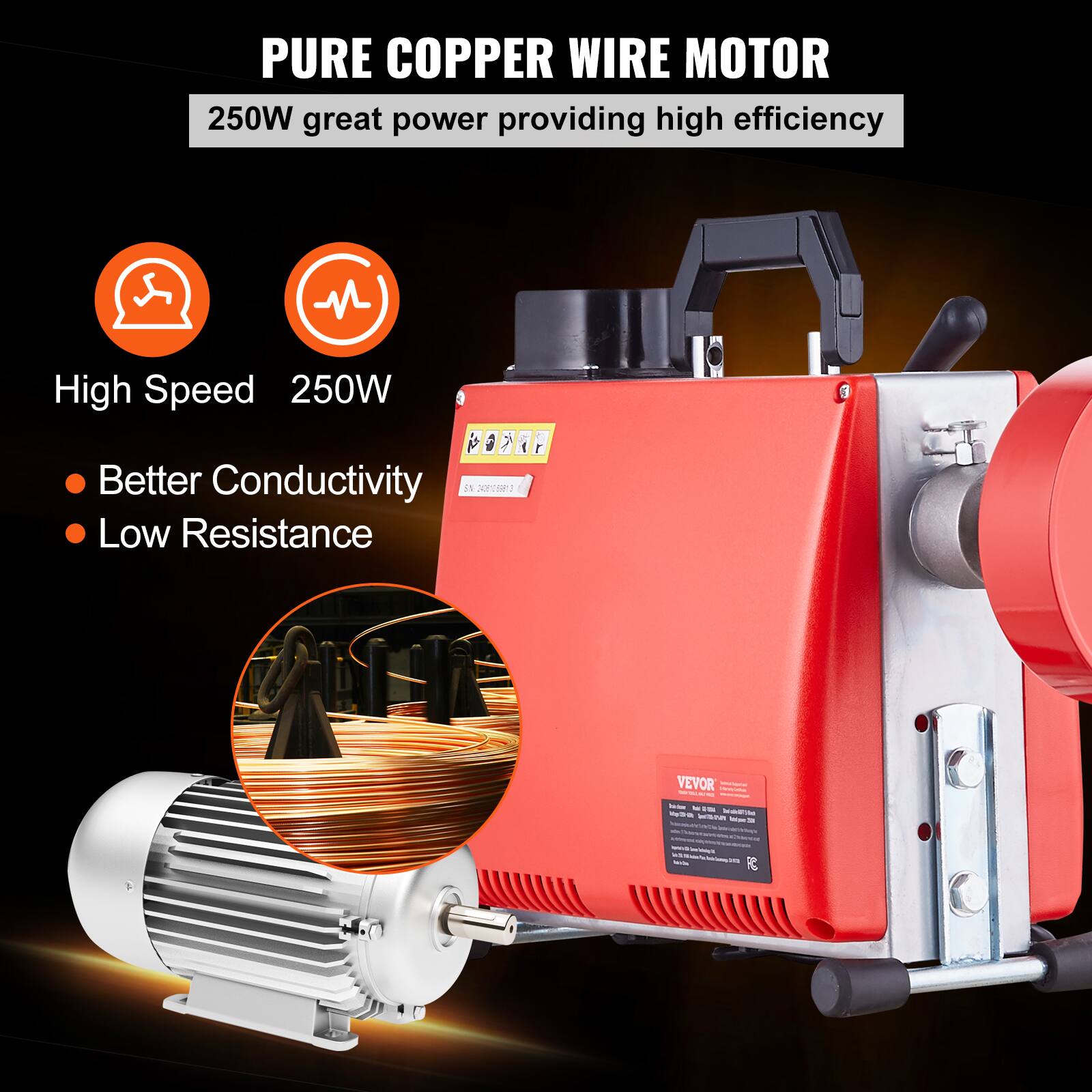 PURE COPPER WIRE MOTOR 250W great power providing high efficiency
High Speed 250W
Better Conductivity
Low Resistance
VEVOR