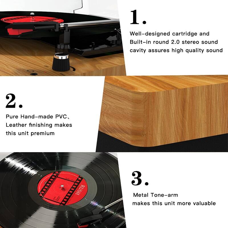 1. Well-designed cartridge and Built-in round 2.0 stereo sound cavity assures high quality sound

2. Pure Hand-made PVC Leather finishing makes this unit premium

3. Metal Tone-arm makes this unit more valuable