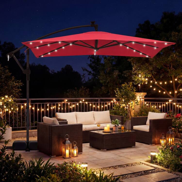 Angle. Mondawe - 8x8 FT Solar LED Offset Cantilever Square Patio Umbrella 360 Rotation with Base - Walnut.