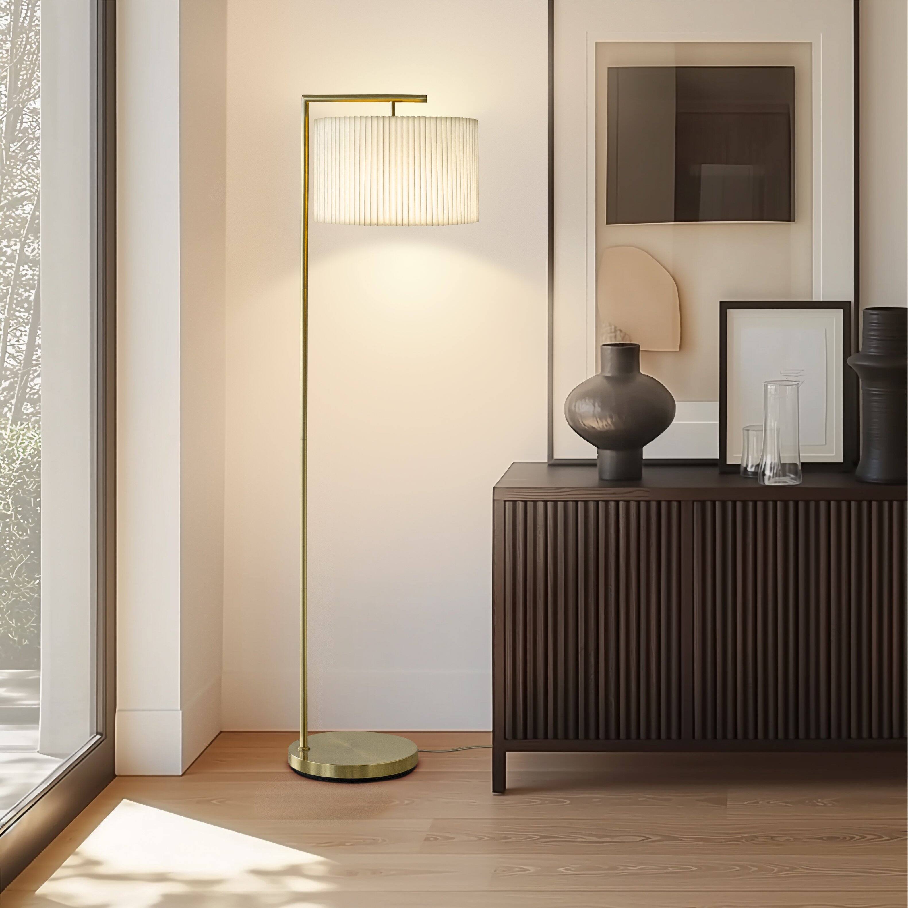 Alt View 6. Brightech - Montage Modern LED Midcentury Modern Arc Super Bright Floor Lamp with White Fabric Drum Shade - Antiqued Brass.