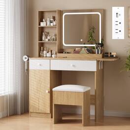 Qeetex - Vanity Table with LED Lighted Mirror, Charging Station, Drawers, Storage Shelves, Makeup Desk - Oak