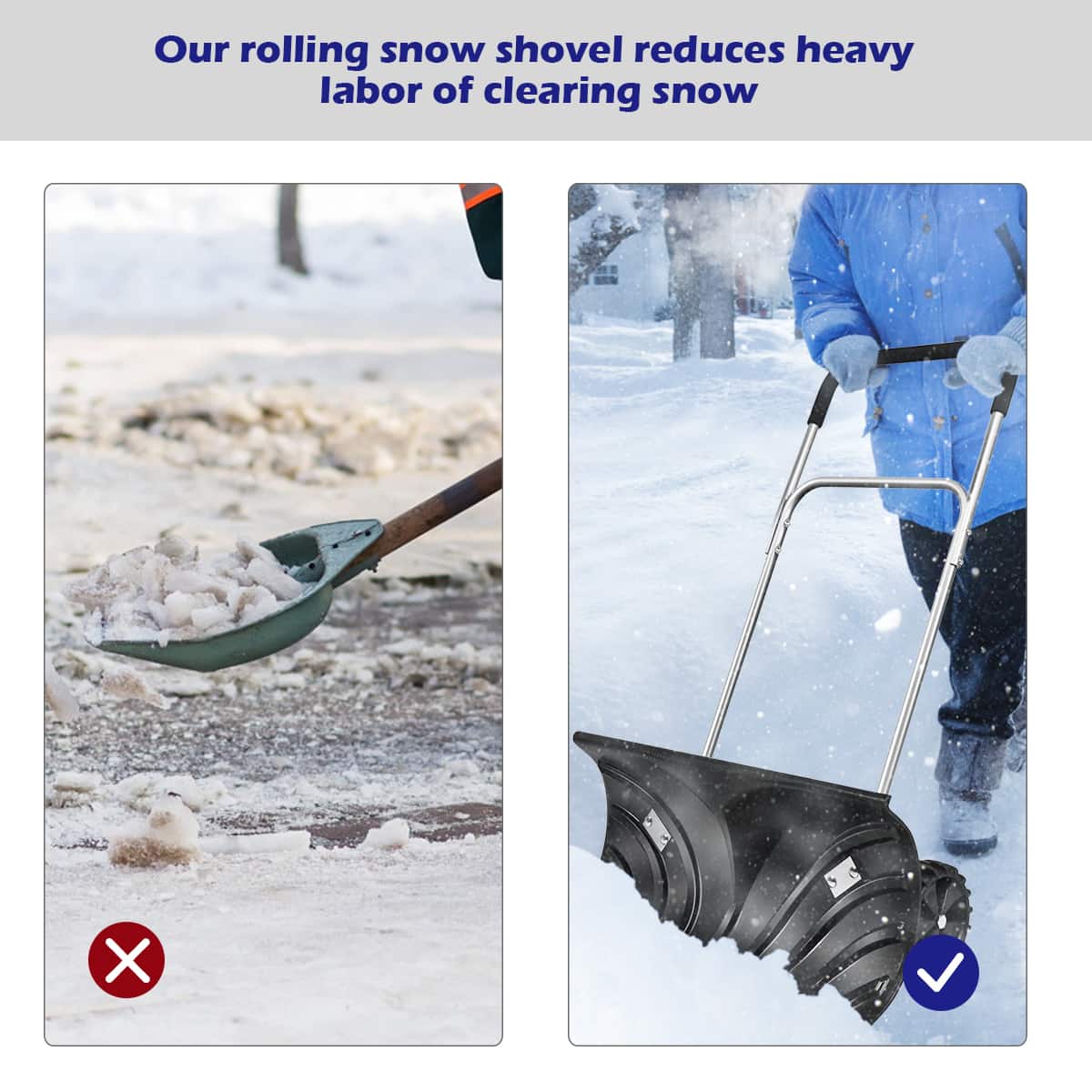 Our rolling snow shovel reduces heavy labor of clearing snow.