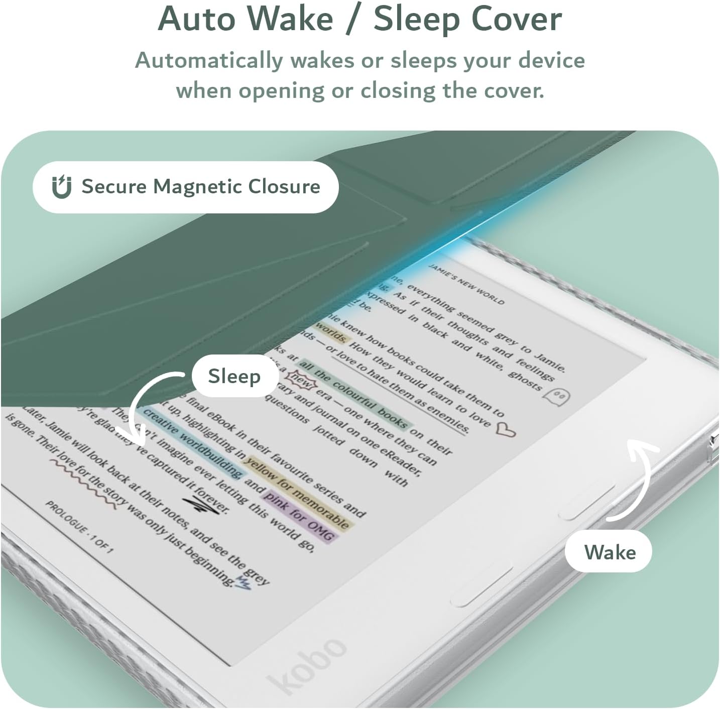 Auto Wake / Sleep Cover  
Automatically wakes or sleeps your device when opening or closing the cover.  

Secure Magnetic Closure  

Sleep  
Wake