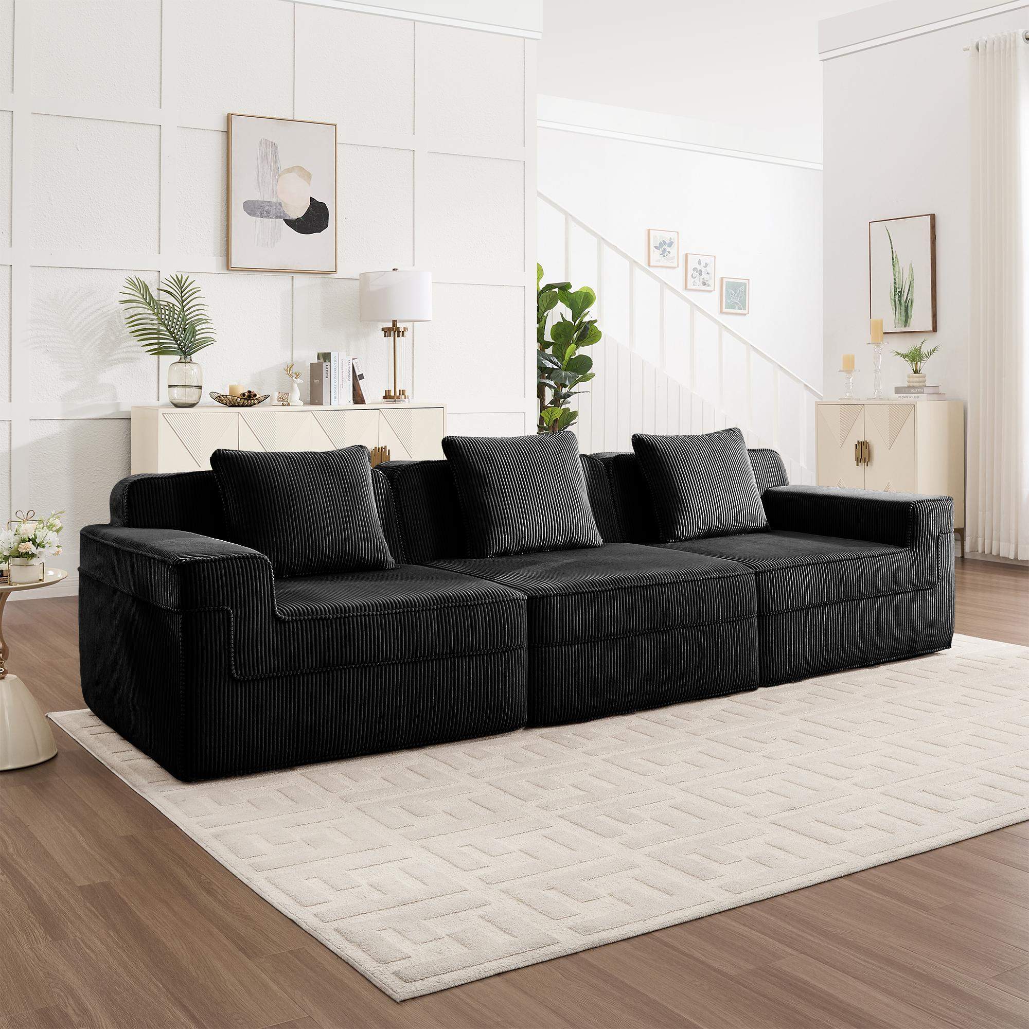 Back. Roomtec - Modular 3 Seat Boneless Sofa Cloud Sectional Couch with Deep Seat Modern Modular 3Seat Sofa Couch with Throw Pillows - Black.