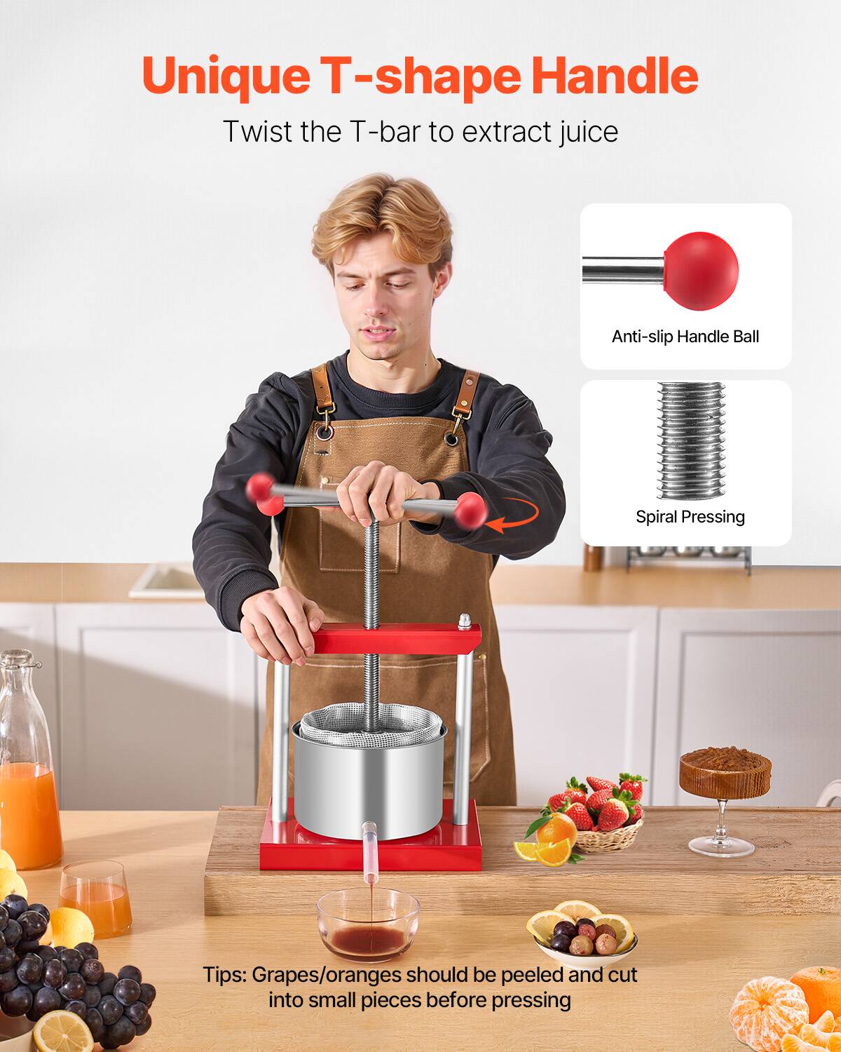 Unique T-shape Handle  
Twist the T-bar to extract juice  

Anti-slip Handle Ball  
Spiral Pressing  

Tips: Grapes/oranges should be peeled and cut into small pieces before pressing