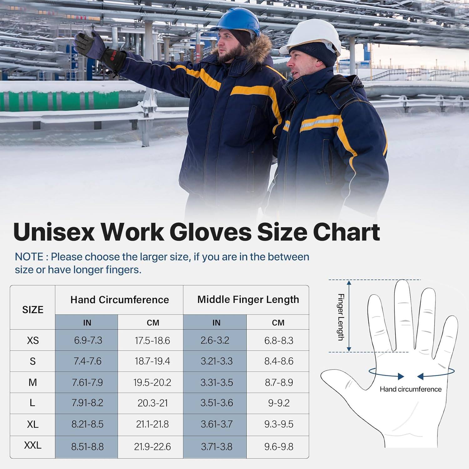 Unisex Work Gloves Size Chart

NOTE: Please choose the larger size, if you are in the between size or have longer fingers.

| SIZE | Hand Circumference | Middle Finger Length |
|------|------------------|--------------------|
|      | IN | CM | IN | CM |
| XS   | 6.9-7.3 | 17.5-18.6 | 2.6-3.2 | 6.8-8.3 |
| S    | 7.4-7.6 | 18.7-19.4 | 3.21-3.3 | 8.4-8.6 |
| M    | 7.61-7.9 | 19.5-20.2 | 3.31-3.5 | 8.7-8.9 |
| L    | 7.91-8.2 | 20.3-21 | 3.51-3.6 | 9-9.2 |
| XL   | 8.21-8.5 | 21.1-21.8 | 3.6