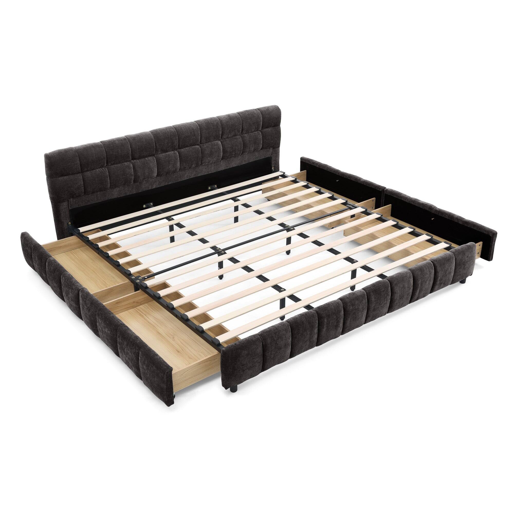Front. Boyel Living - California King Upholstered Platform Bed with Chenille Fabric, Soft Headboard and Storage Drawer, Dark Gray - Grey.