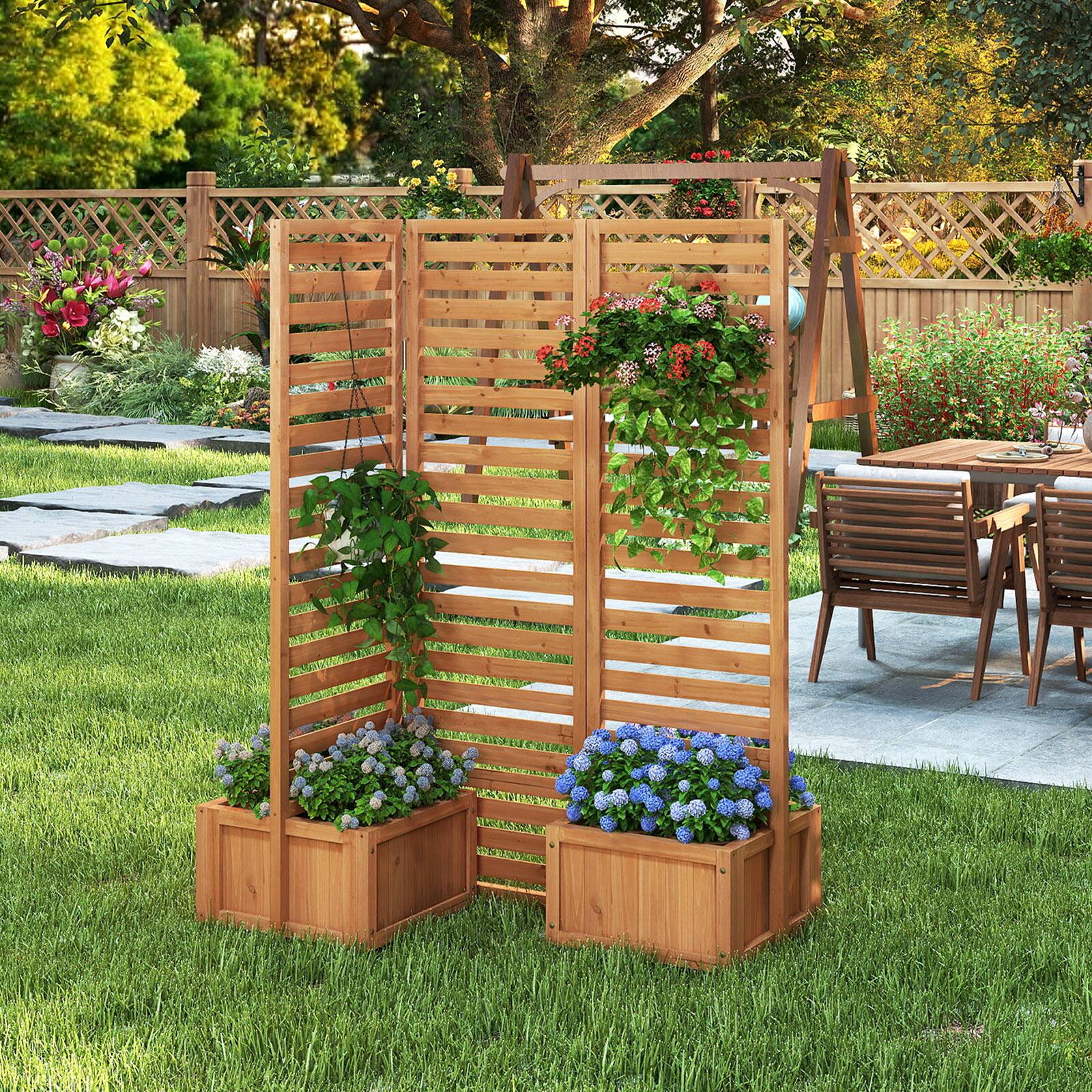 Alt View 3. Costway - Costway Privacy Screen with 2 Self-Draining Planter Boxes,3-Panel Freestanding Garden Fence - Yellow.