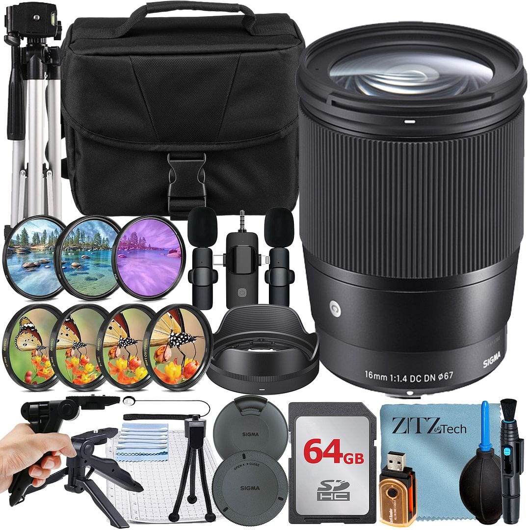Sigma - 16mm f/1.4 DC DN Contemporary Lens for Sony E-Mount Bundle with 64GB Card + Case + ZeeTech Bundle - Black