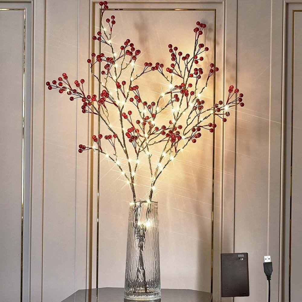 ACJPR - Lighted Branches – 32", 80 LEDs, USB/Battery, Timer - Red berry
