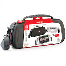 The text on the image reads: "Nintendo Switch Traveler Case Game Carrying Bag - Designed for Nintendo Switch - OLED Model - Detachable Game Card Holder - Extended Game Play Grips for Ergonomic Contoured Design - Traveler's Grip - Pack-In Circulation - 100% Compatible".