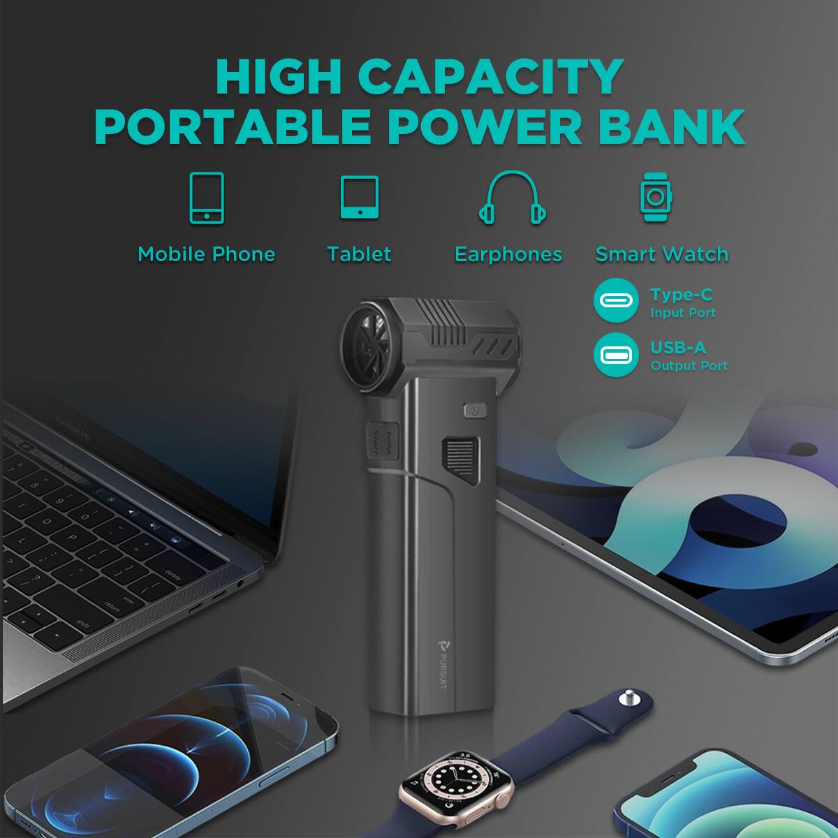 HIGH CAPACITY PORTABLE POWER BANK

- Mobile Phone
- Tablet
- Earphones
- Smart Watch

- Type-C Input Port
- USB-A Output Port