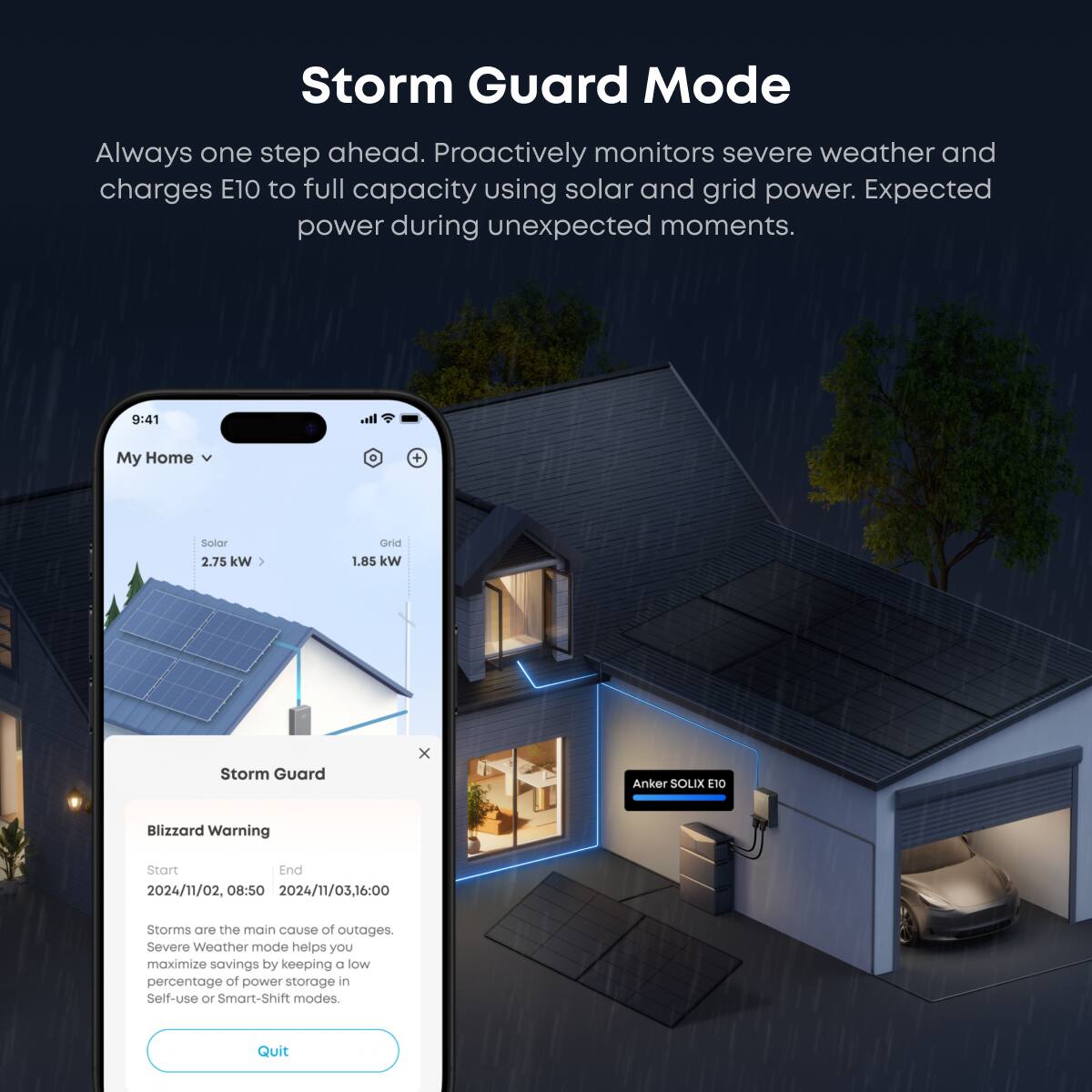 Storm Guard Mode

Always one step ahead. Proactively monitors severe weather and charges E10 to full capacity using solar and grid power. Expected power during unexpected moments.

9:41 My Home + Solar 2.75 kW Grid 1.85 kW

Storm Guard

Blizzard Warning
Start: 2024/11/02, 08:50
End: 2024/11/03, 16:00

Storms are the main cause of outages. Severe Weather mode helps you maximize savings by keeping a low percentage of power storage in Self-use or Smart-Shift modes.

Quit