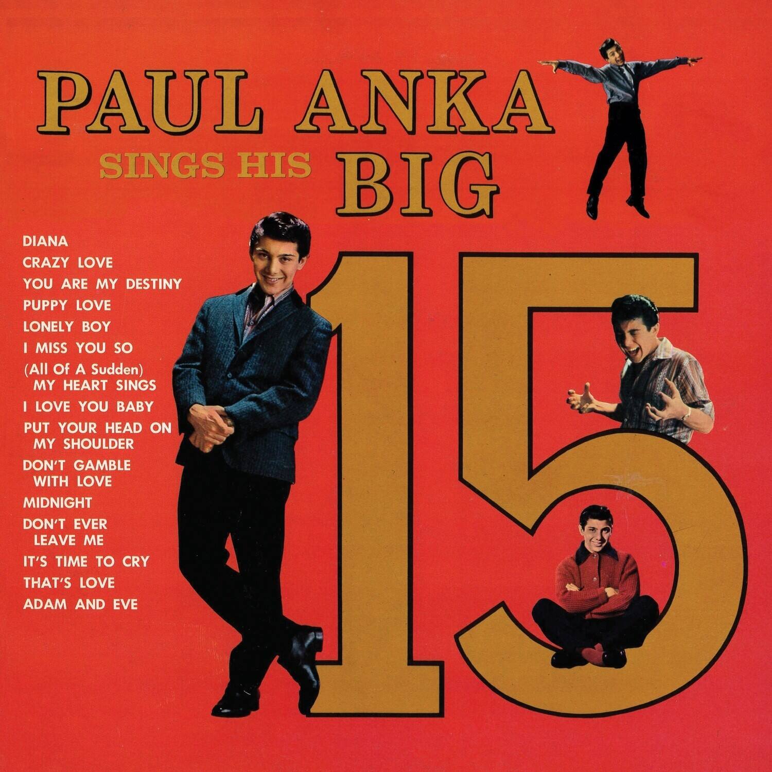 PAUL ANKA SINGS HIS BIG 15

DIANA  
CRAZY LOVE  
YOU ARE MY DESTINY  
PUPPY LOVE  
LONELY BOY  
I MISS YOU SO  
(All Of A Sudden) MY HEART SINGS  
I LOVE YOU BABY  
PUT YOUR HEAD ON MY SHOULDER  
DON'T GAMBLE WITH LOVE  
MIDNIGHT  
DON'T EVER LEAVE ME  
IT'S TIME TO CRY  
THAT'S LOVE  
ADAM AND EVE