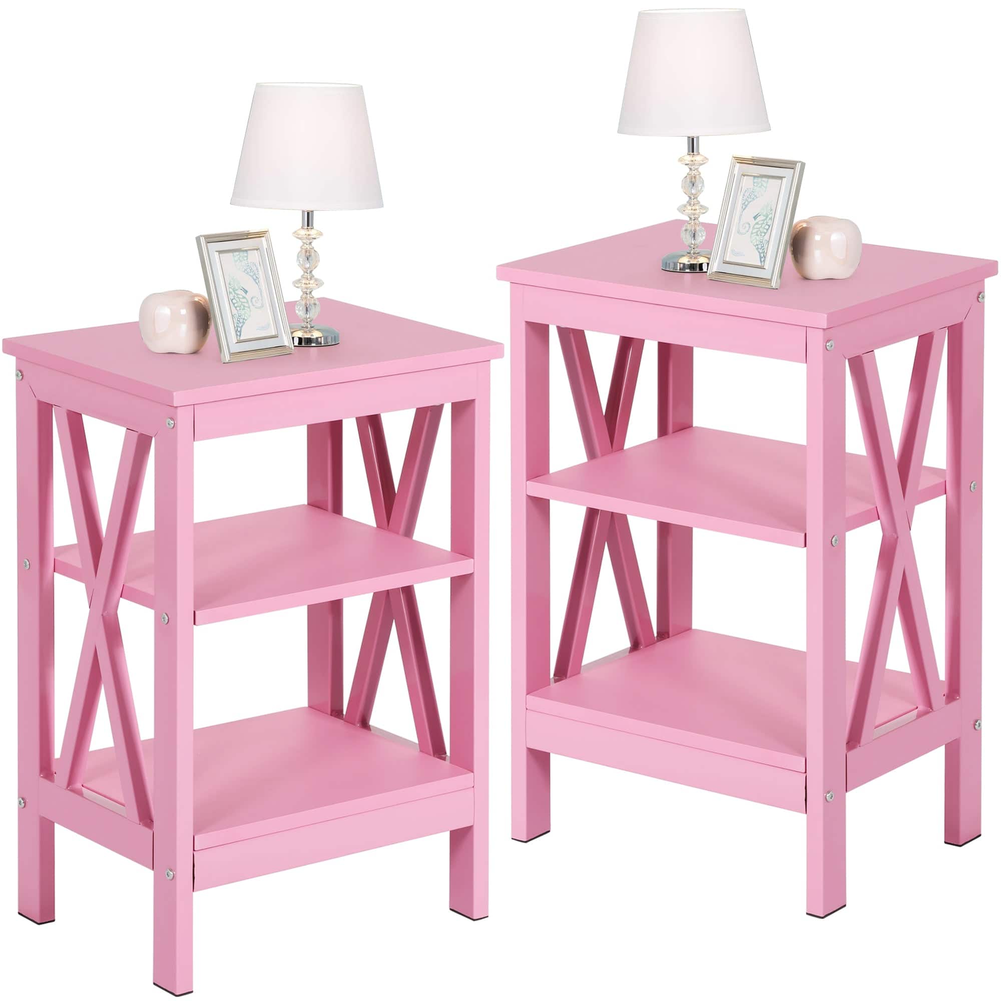 Vecelo - Set of 2 Modern Nightstands X-Design Side End Table Night Stand with Storage Shelf for Bedroom,Living Room - Pink