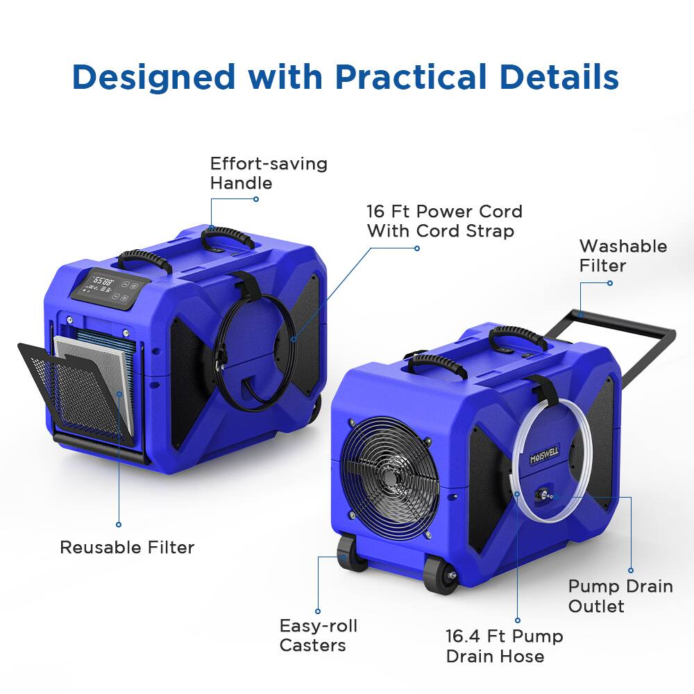 Designed with Practical Details

- Effort-saving Handle
- 16 Ft Power Cord With Cord Strap
- Washable Filter
- Reusable Filter
- Easy-roll Casters
- Pump Drain Outlet
- 16.4 Ft Pump Drain Hose