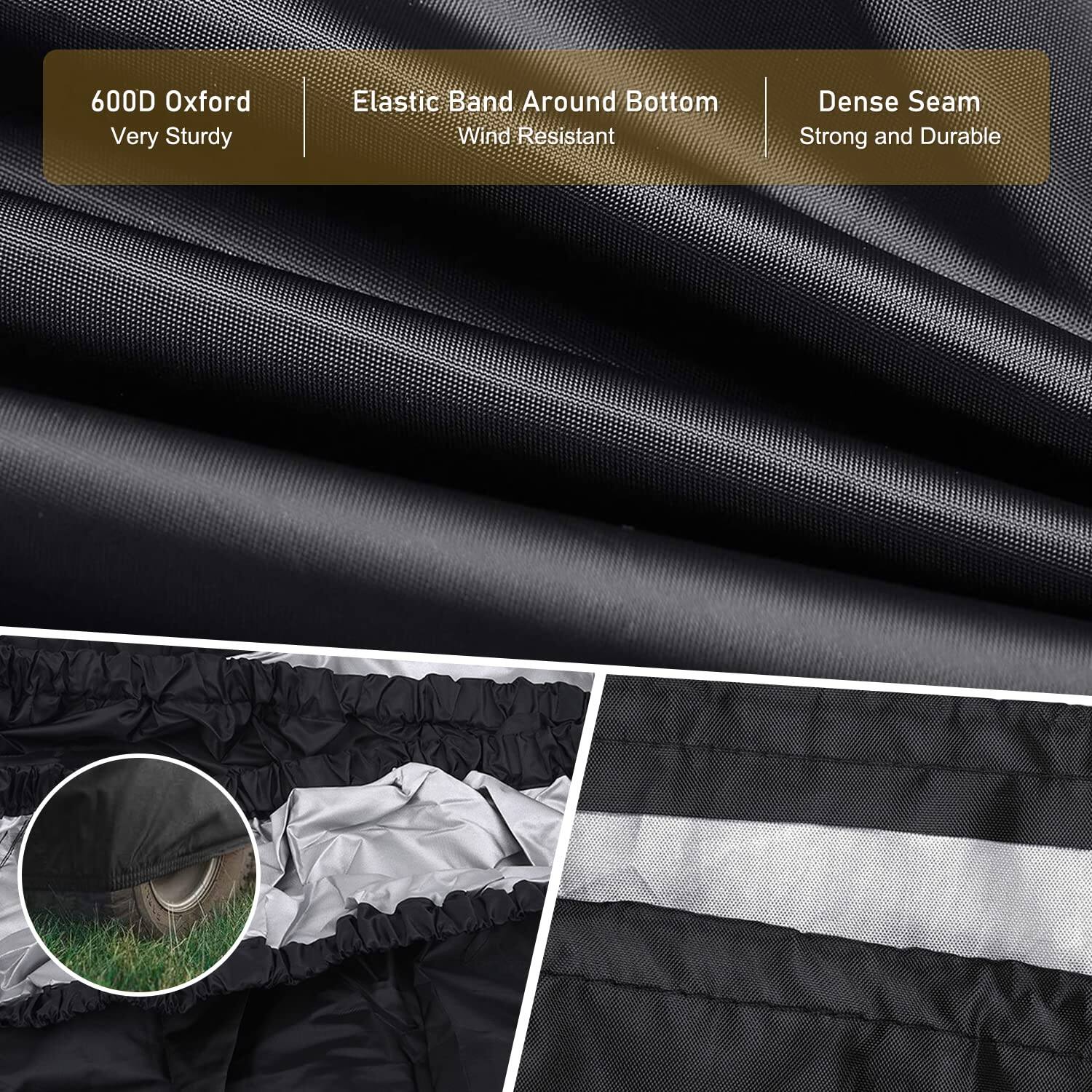 600D Oxford  
Very Sturdy  

Elastic Band Around Bottom  
Wind Resistant  

Dense Seam  
Strong and Durable