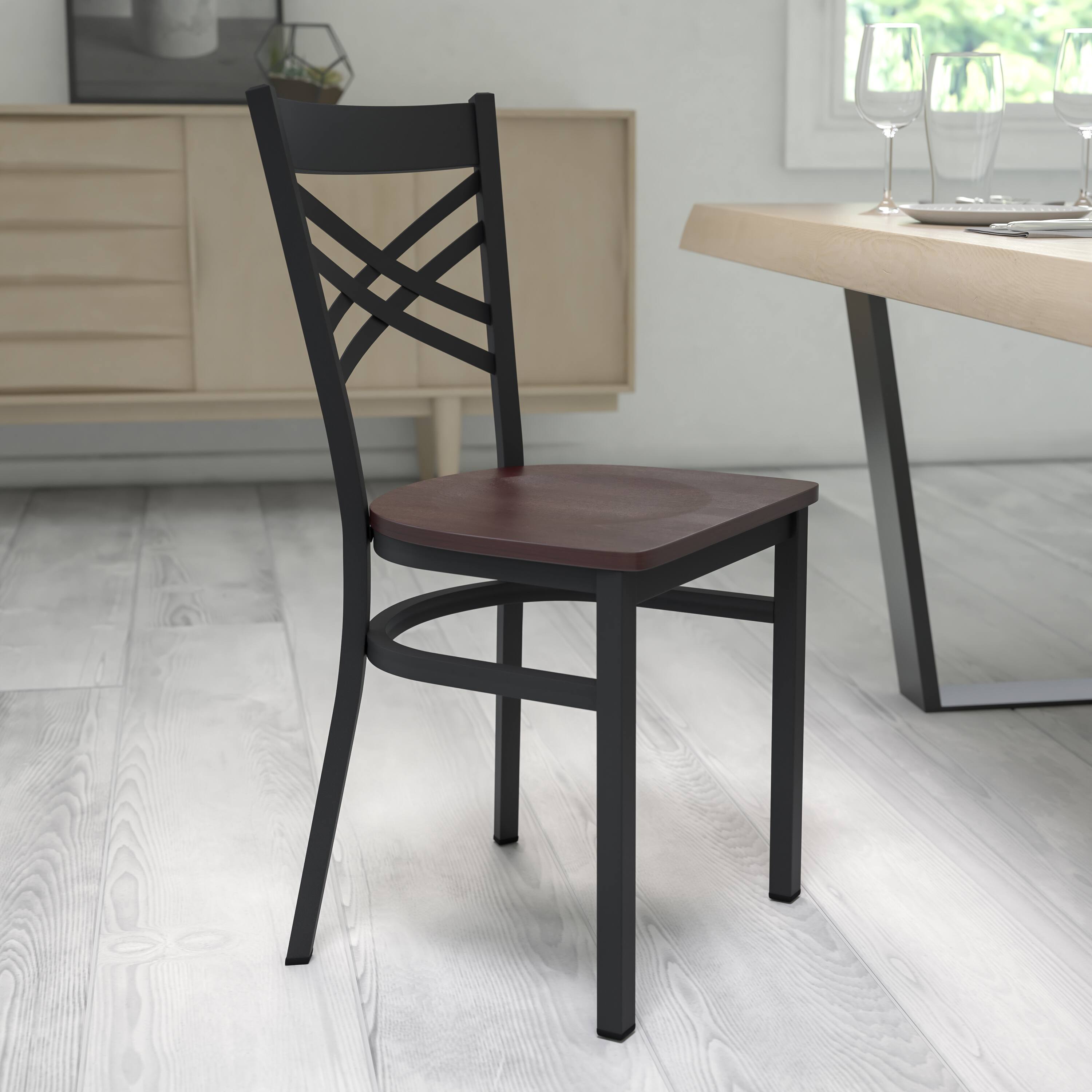 Alt View 1. Emma + Oliver - "X" Back Metal Restaurant Dining Chair - Walnut Wood Seat/Black Metal Frame.