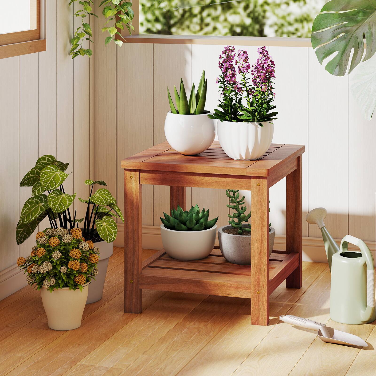 Alt View 1. Gymax - Gymax 2PCS 2-Tier Adirondack Side Table w/ Slatted Tabletop Storage Shelf for Garden - Yellow.