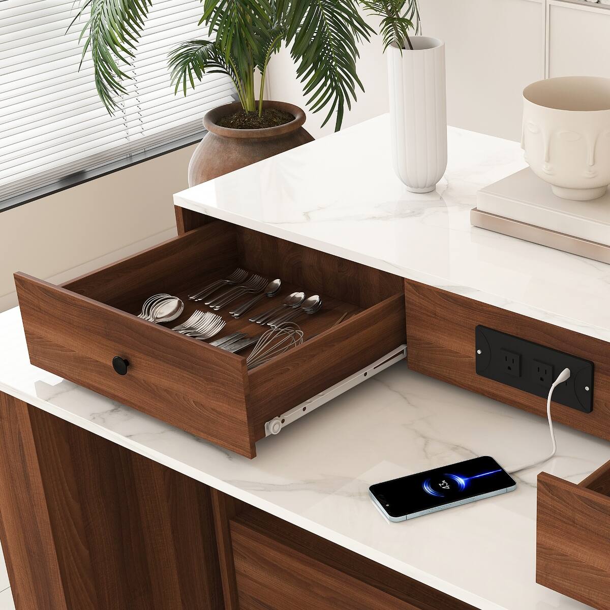 Alt View 8. Loheer - Kitchen Island with Extendable Rotating Table, Walnut Veneer Retro Design, Expandable Dining Station - White+Walnut.