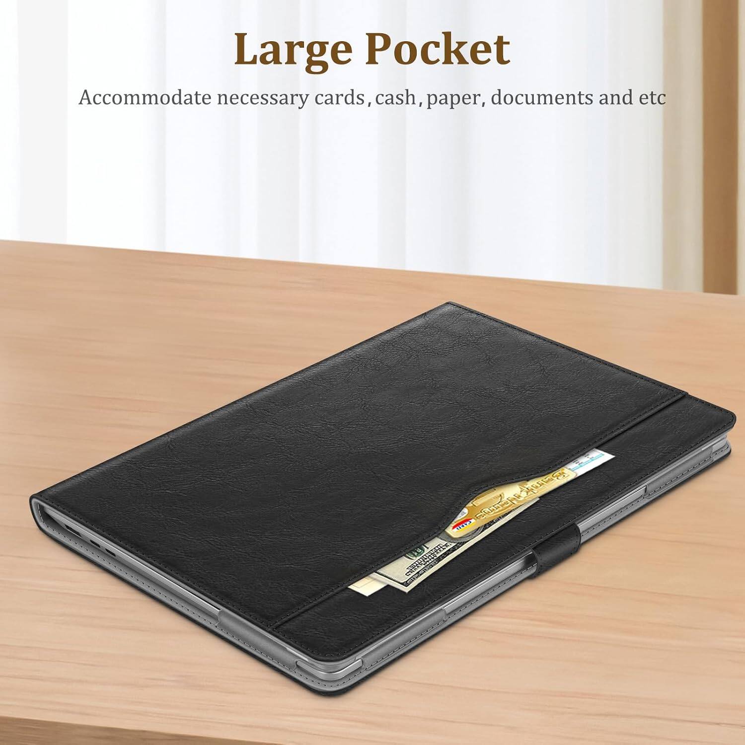 Large Pocket  
Accommodate necessary cards, cash, paper, documents and etc