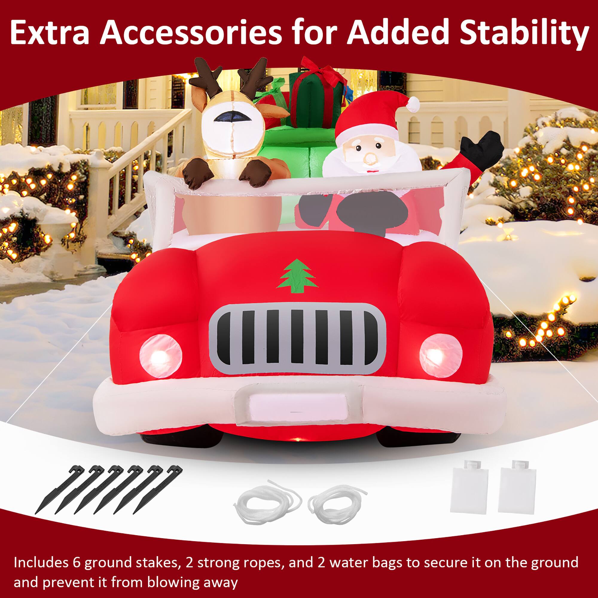 Extra Accessories for Added Stability

Includes 6 ground stakes, 2 strong ropes, and 2 water bags to secure it on the ground and prevent it from blowing away