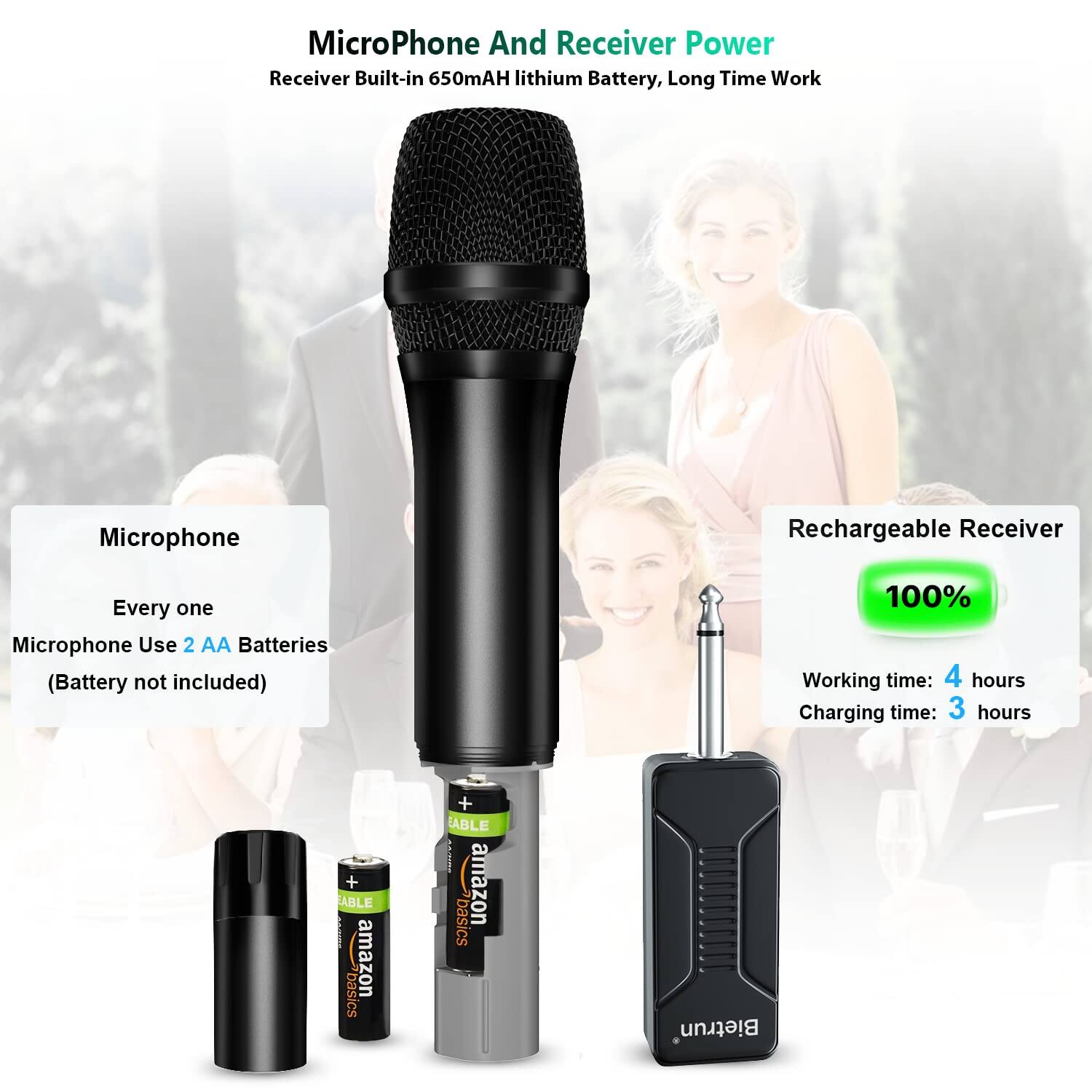 MicroPhone And Receiver Power  
Receiver Built-in 650mAh Lithium Battery, Long Time Work  

Microphone  
Every one Microphone Use 2 AA Batteries (Battery not included)  

Rechargeable Receiver  
100%  
Working time: 4 hours  
Charging time: 3 hours  

ABLE basics amazon