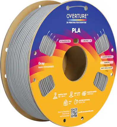 OVERTURE
3D PRINTING FOR EVERYONE
PLA
Gray
Batch VC01CD0806
FILAMENT WEIGHT
1kg
DIAMETER
1.75mm ± 0.02mm
EMPTY SPOOL WEIGHT
-142g
NOZZLE TEMP.
190 - 230°C
BED TEMP.
35 - 60°C
PRINTING SPEED
< 300 mm/s
FAN
On
DRYING SETTINGS
55°C / 6h
Scan to Download Print Profile and Instruction
profile.overture3d.com