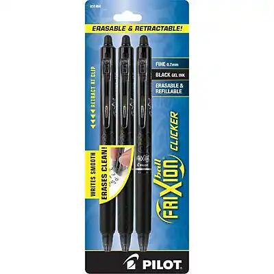 ERASABLE & RETRACTABLE!
WRITES SMOOTH!
ERASABLE & REFILLABLE
CLICKER
FINE 0.7mm
BLACK CEL INK
ERASABLE & REFILLABLE
PILOT