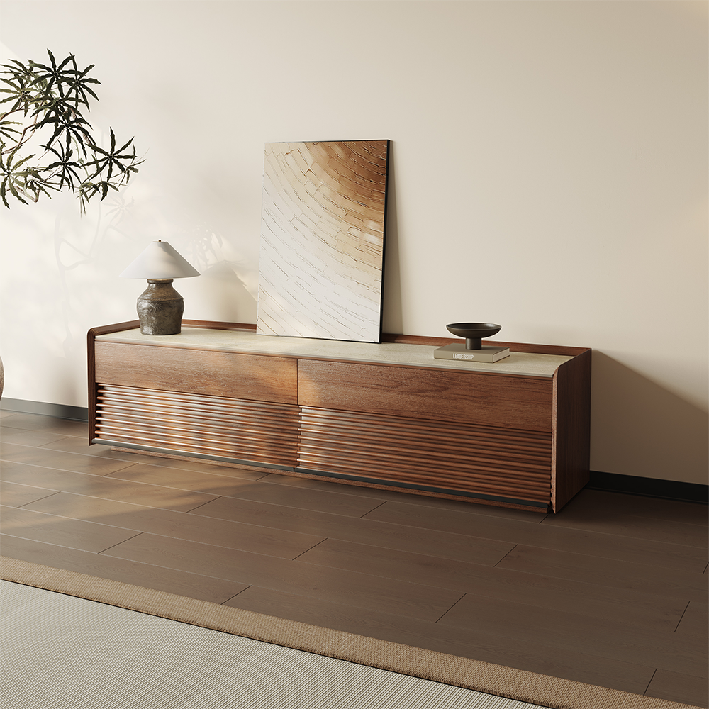 POVISON - 71" Fully-Assembled Mid-Century Matte Sintered Stone Tabletop TV Stand, Walnut Color Cabinet with Adjustable Light - Glossy White & Walnut