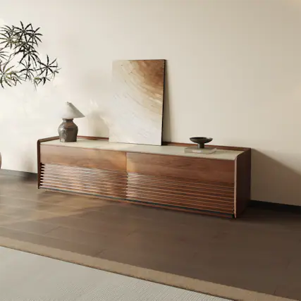 Front. POVISON - 71" Fully-Assembled Mid-Century Matte Sintered Stone Tabletop TV Stand, Walnut Color Cabinet with Adjustable Light - Glossy White & Walnut.