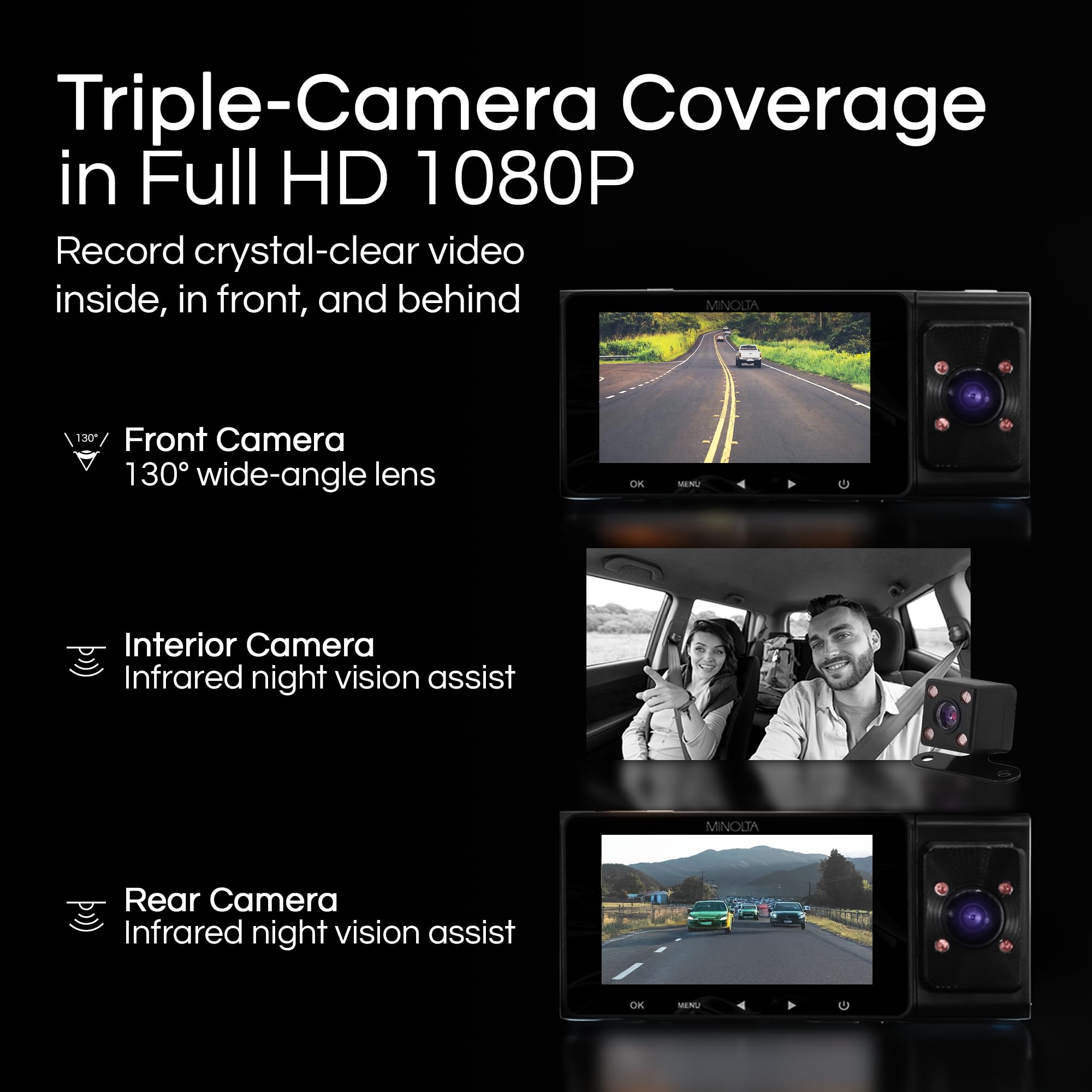 Triple-Camera Coverage in Full HD 1080P  
Record crystal-clear video inside, in front, and behind  

Front Camera  
130° wide-angle lens  

Interior Camera  
Infrared night vision assist  

Rear Camera  
Infrared night vision assist
