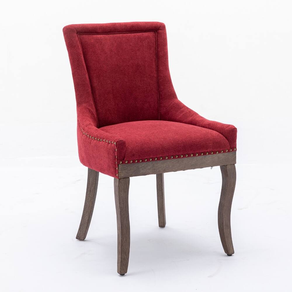 Left. Loheer - Loheer Wine Red Dining Chairs Set of 2 Burgundy Fabric Solid Wood Legs Bronze Nailhead Trim Mid-Century Modern - Wine Red.