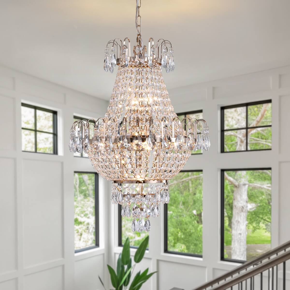 Loheer - Large Gold Crystal Chandelier, Contemporary Ceiling Light for Living Room and Dining Room