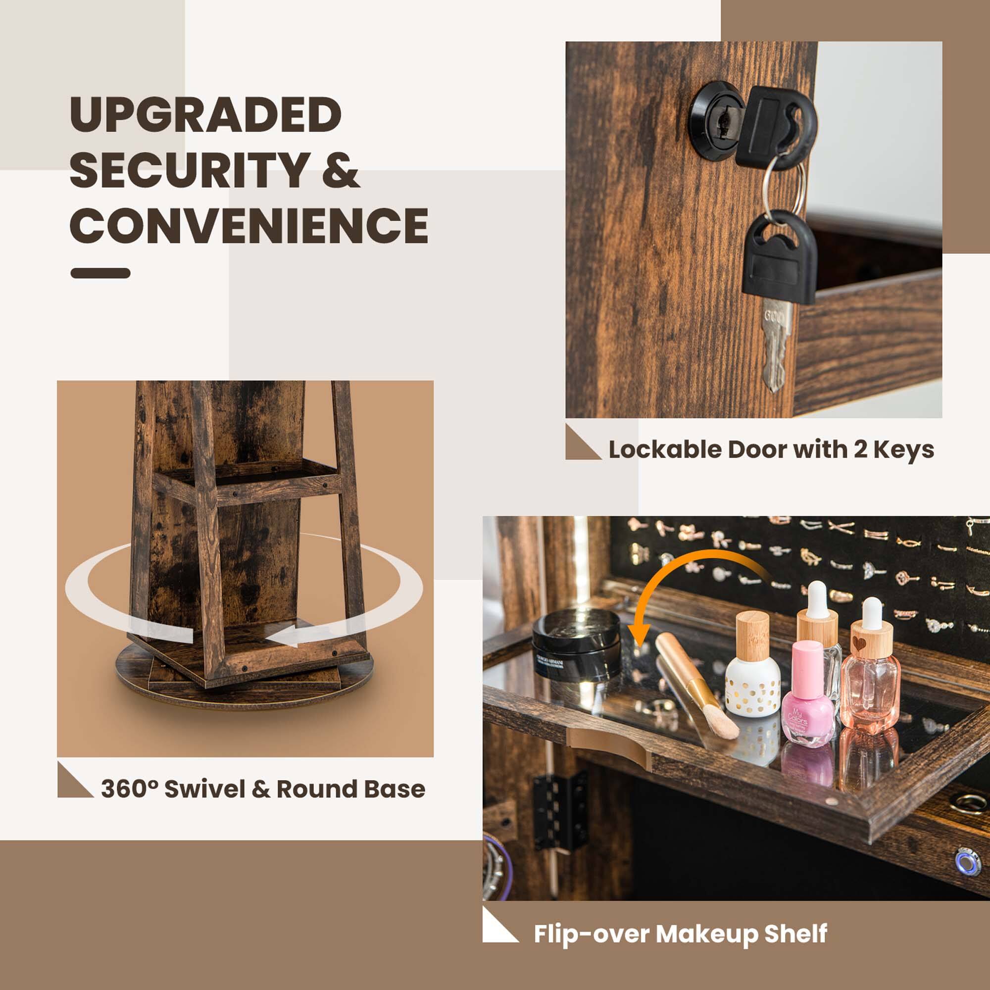 UPGRADED SECURITY & CONVENIENCE Lockable Door with 2 Keys 360 Swivel & Round Base Flip-over Makeup Shelf