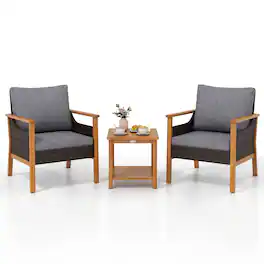 Gymax - 3 Piece Patio Furniture Set PE Rattan Chairs w/ 2-Tier Coffee Table & Cushions Mix Grey - Brown