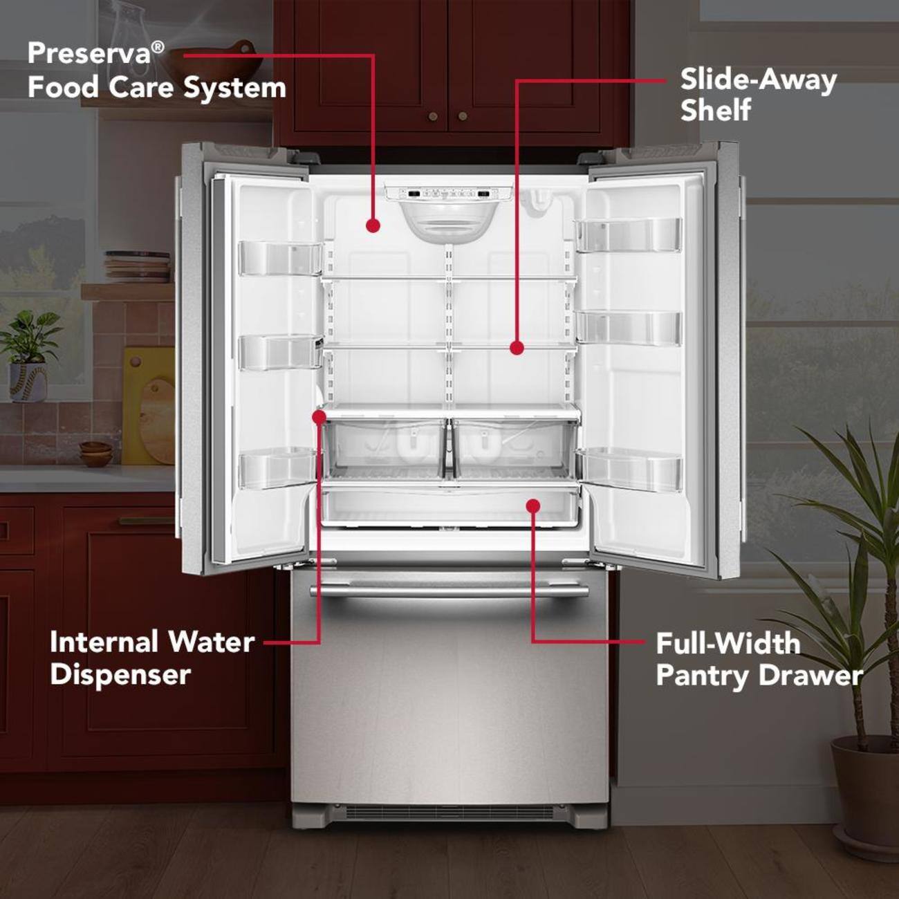Preserva Food Care System  
Slide-Away Shelf  
Internal Water Dispenser  
Full-Width Pantry Drawer