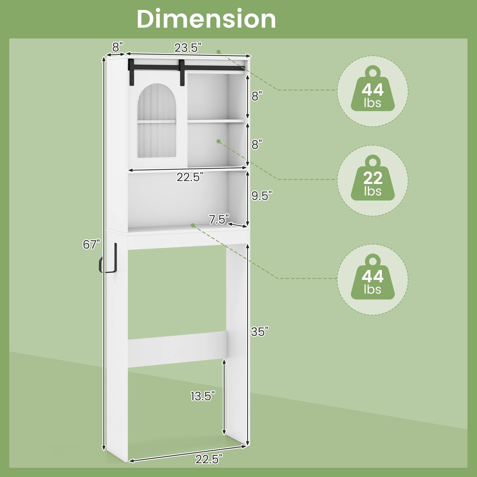 Dimension  
8" x 23.5" x 8"  
44 lbs  
8" x 22.5" x 9.5"  
22 lbs  
7.5" x 67" x 44 lbs  
35" x 13.5" x 22.5"