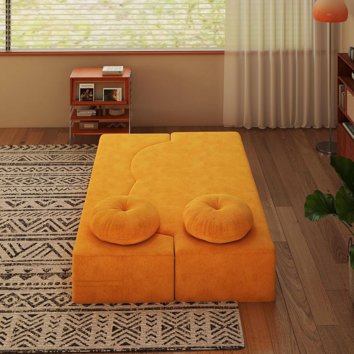 Alt View 5. Trinkets Crazed - 2-in-1 Folding Sofa Bed, Convertible Floor Couch with Full Size Folding Mattres - yellow.