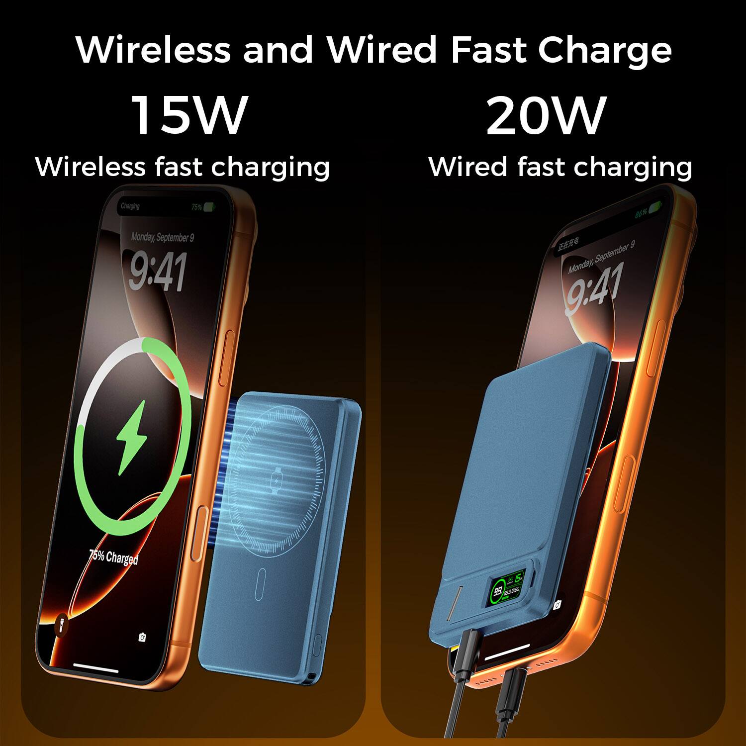 Wireless and Wired Fast Charge

15W
Wireless fast charging

20W
Wired fast charging

Monday, September 5
9:41

75% Charged