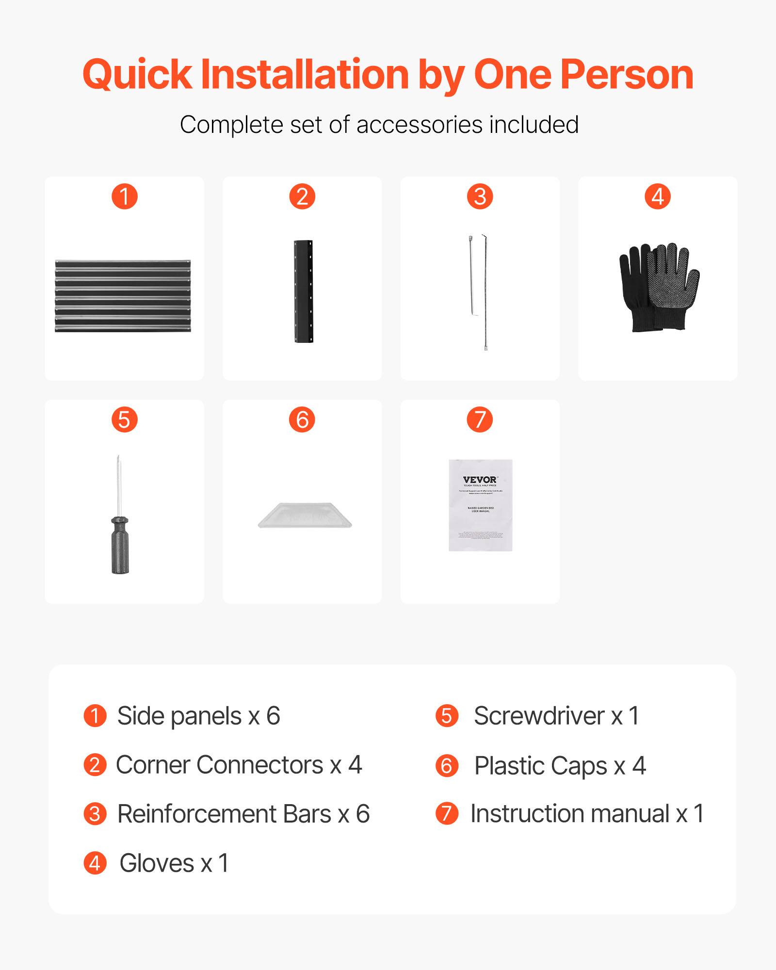 Quick Installation by One Person  
Complete set of accessories included  

1. Side panels x 6  
2. Corner Connectors x 4  
3. Reinforcement Bars x 6  
4. Gloves x 1  
5. Screwdriver x 1  
6. Plastic Caps x 4  
7. Instruction manual x 1