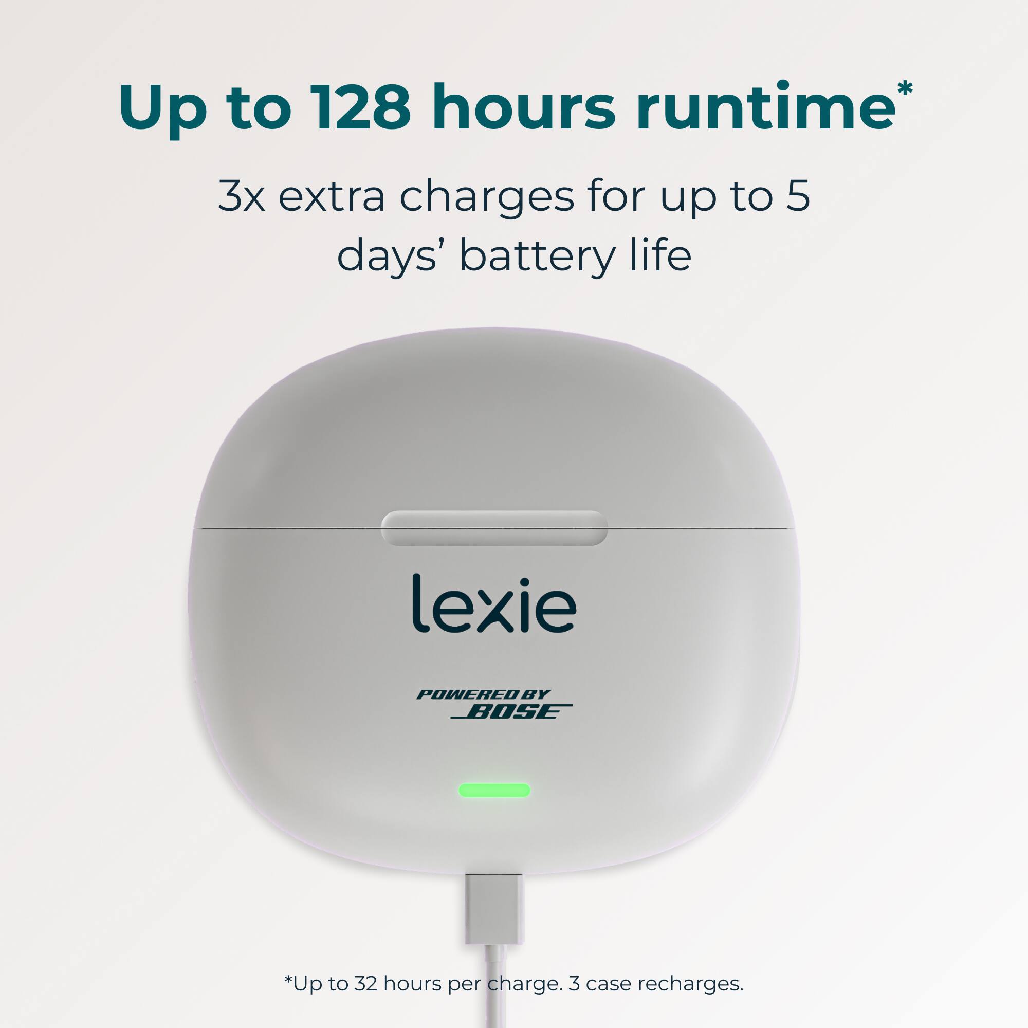 Up to 128 hours runtime*  
3x extra charges for up to 5 days' battery life  

lexie  
POWERED BY BOSE  

*Up to 32 hours per charge. 3 case recharges.