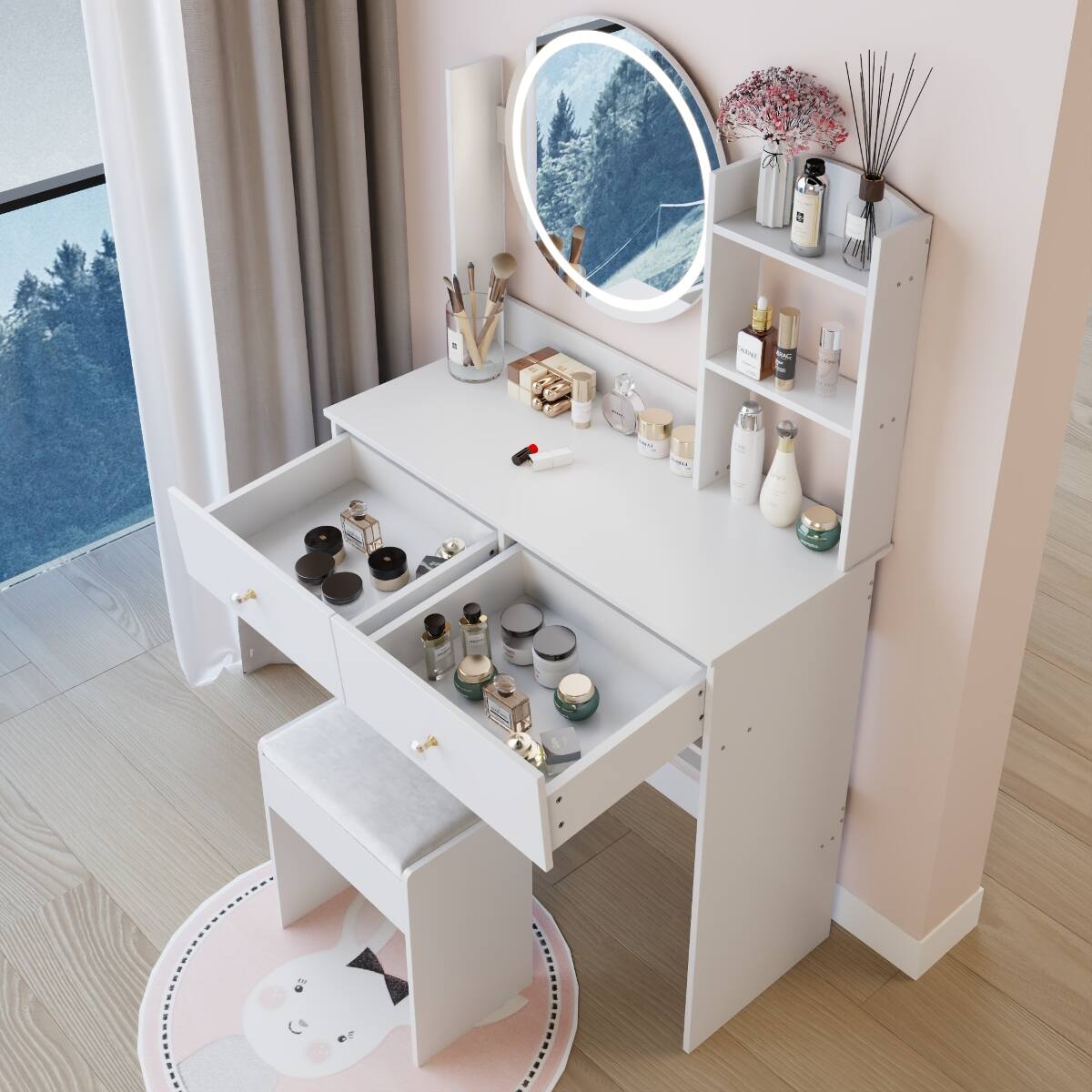Alt View 10. Loheer - Loheer 17 Inch Round LED Mirror Vanity Table with Stool, White MDF, Adjustable Three Color Lighting - White.