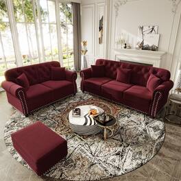 Anysun - 5-Seat Velvet Chesterfield Sofa Set (2+3) w/ Nailhead, Rolled Armrests, Button Tufted, 1 Ottoman, Mid-Century - Red