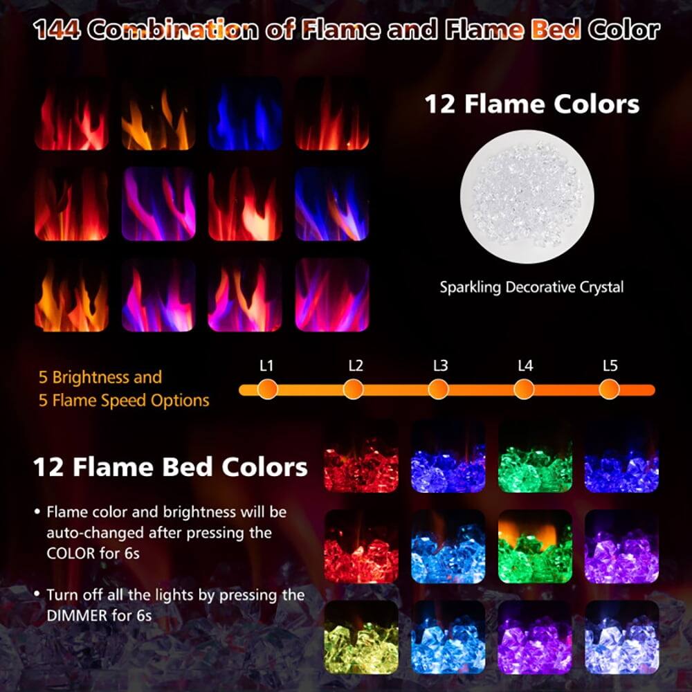 144 Combination of Flame and Flame Bed Color

12 Flame Colors

Sparkling Decorative Crystal

5 Brightness and 5 Flame Speed Options

L1 L2 L3 L4 L5

12 Flame Bed Colors

- Flame color and brightness will be auto-changed after pressing the COLOR for 6s
- Turn off all the lights by pressing the DIMMER for 6s