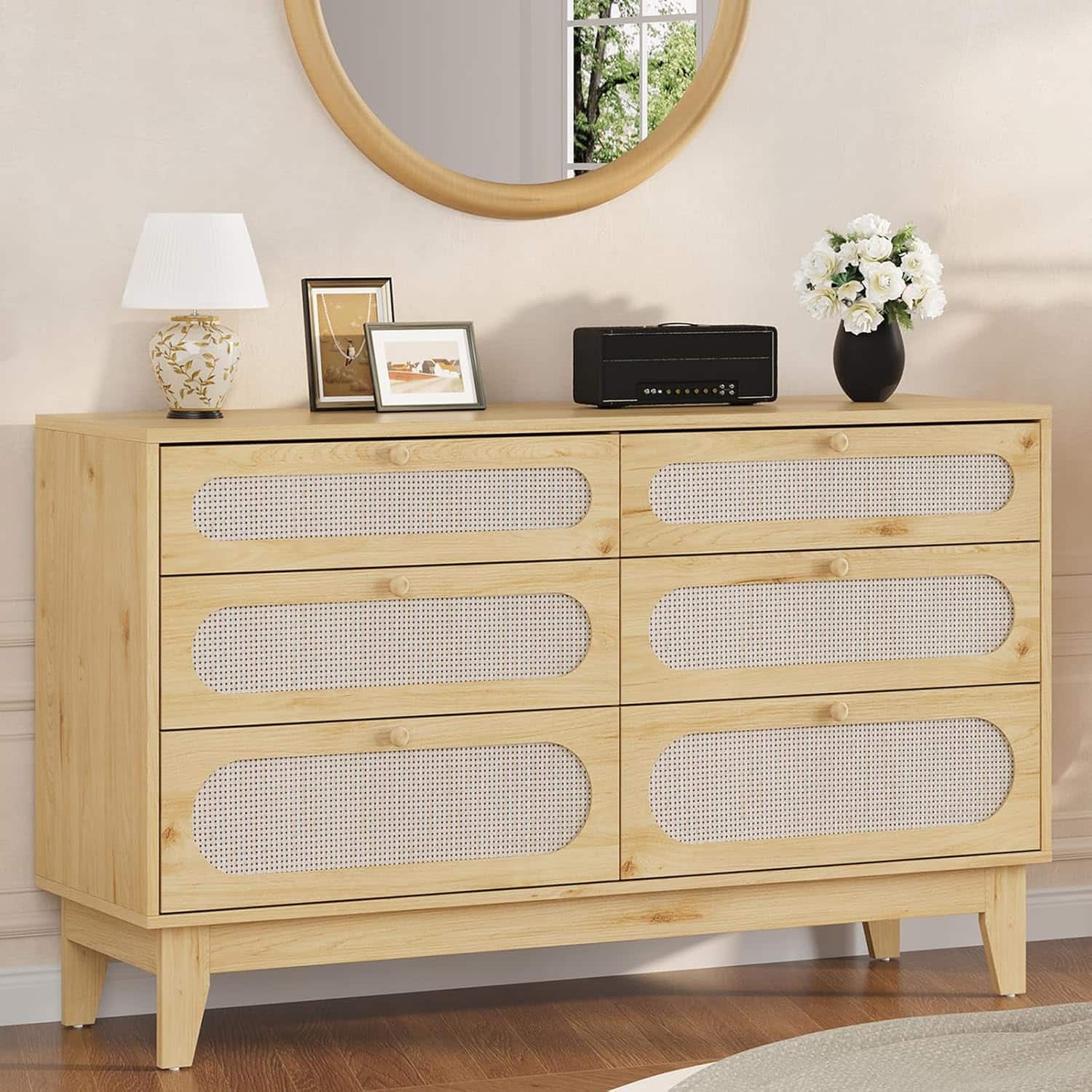 GARVEE - Rattan 6-Drawer Dresser, Wooden Storage Cabinet for Bedroom, Closet, Entryway & Living Room - Oak