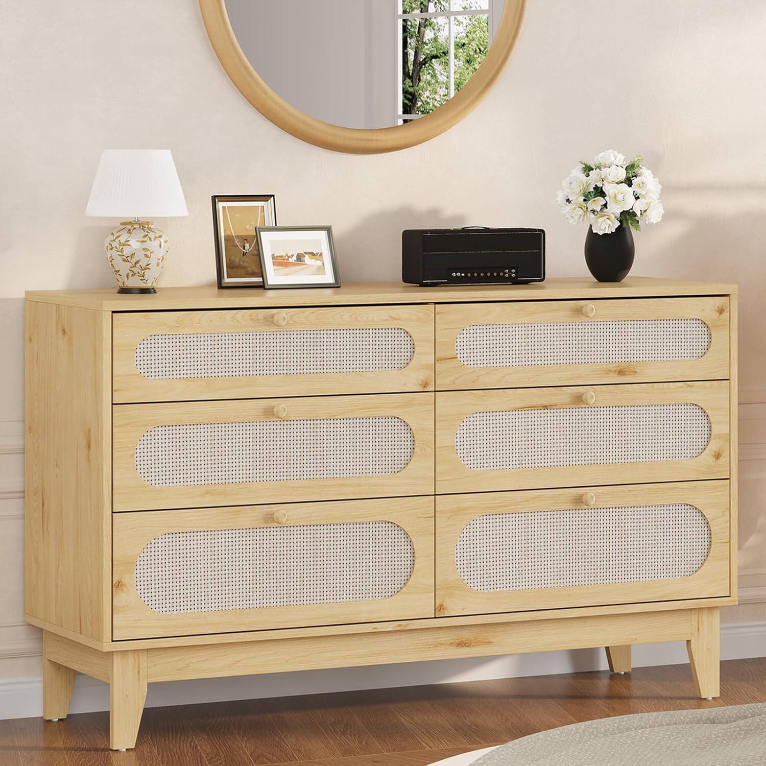 Front. GARVEE - Oak Rattan 6-Drawer Dresser, Wooden Storage Cabinet for Entryway, Living Room, Hallway & Bedroom - Oak.