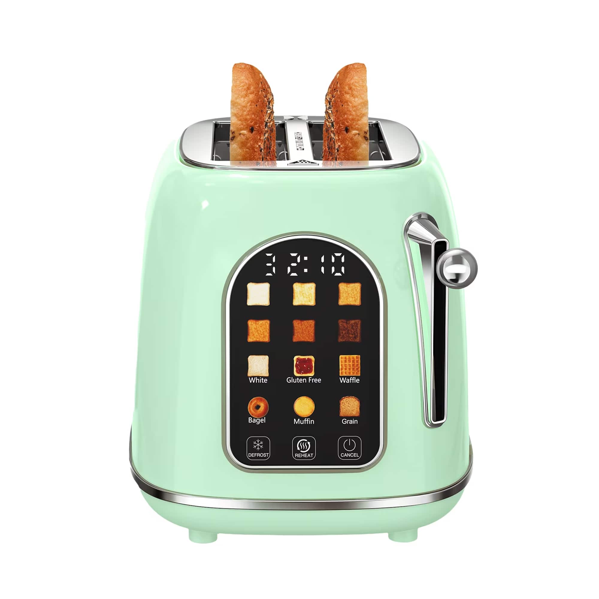 Mecity - Smart Touch Screen Toaster 2 Slice, Retro Wide Slot Stainless Steel Toaster with 6 Browning Levels - Green