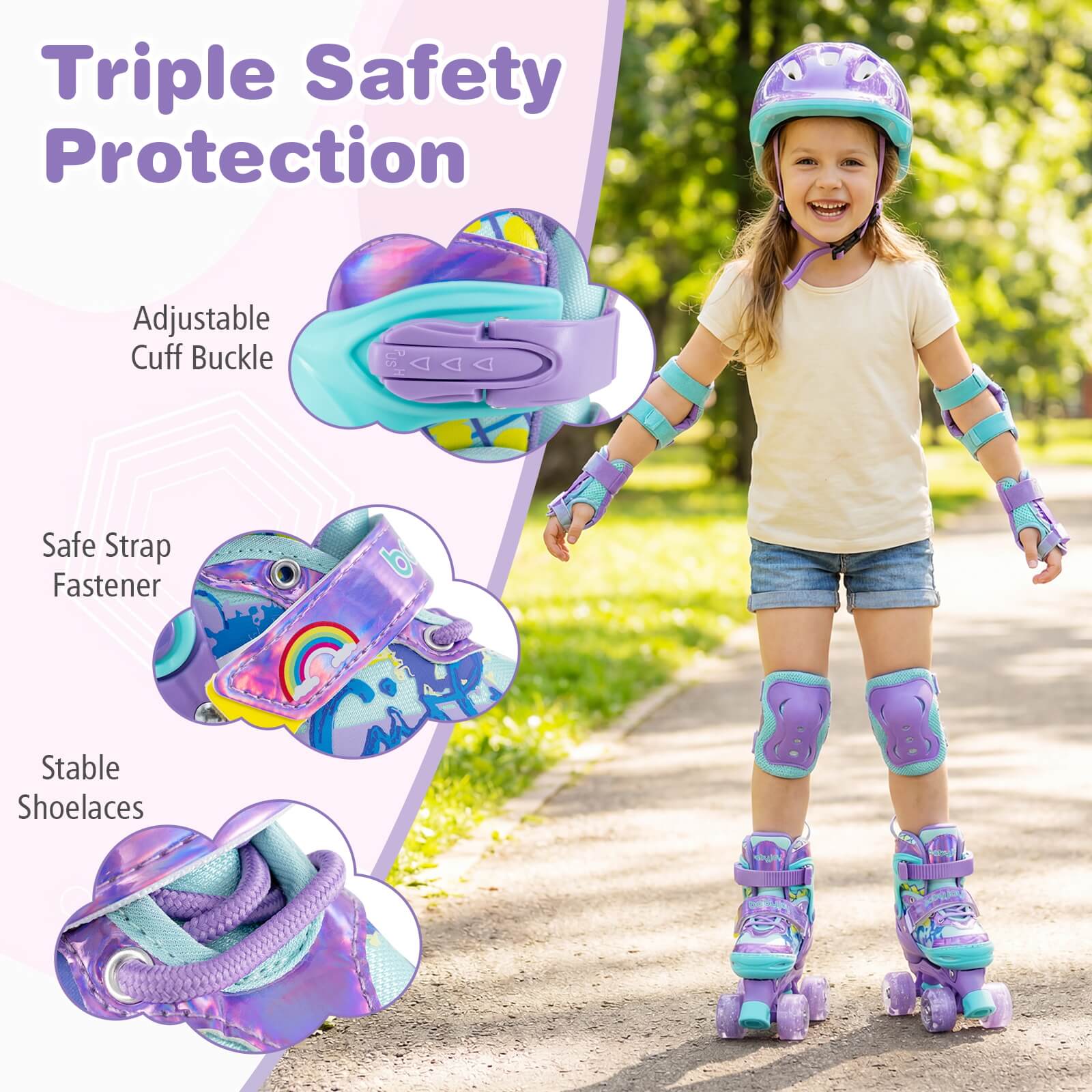 Triple Safety Protection

- Adjustable Cuff Buckle
- Safe Strap Fastener
- Stable Shoelaces