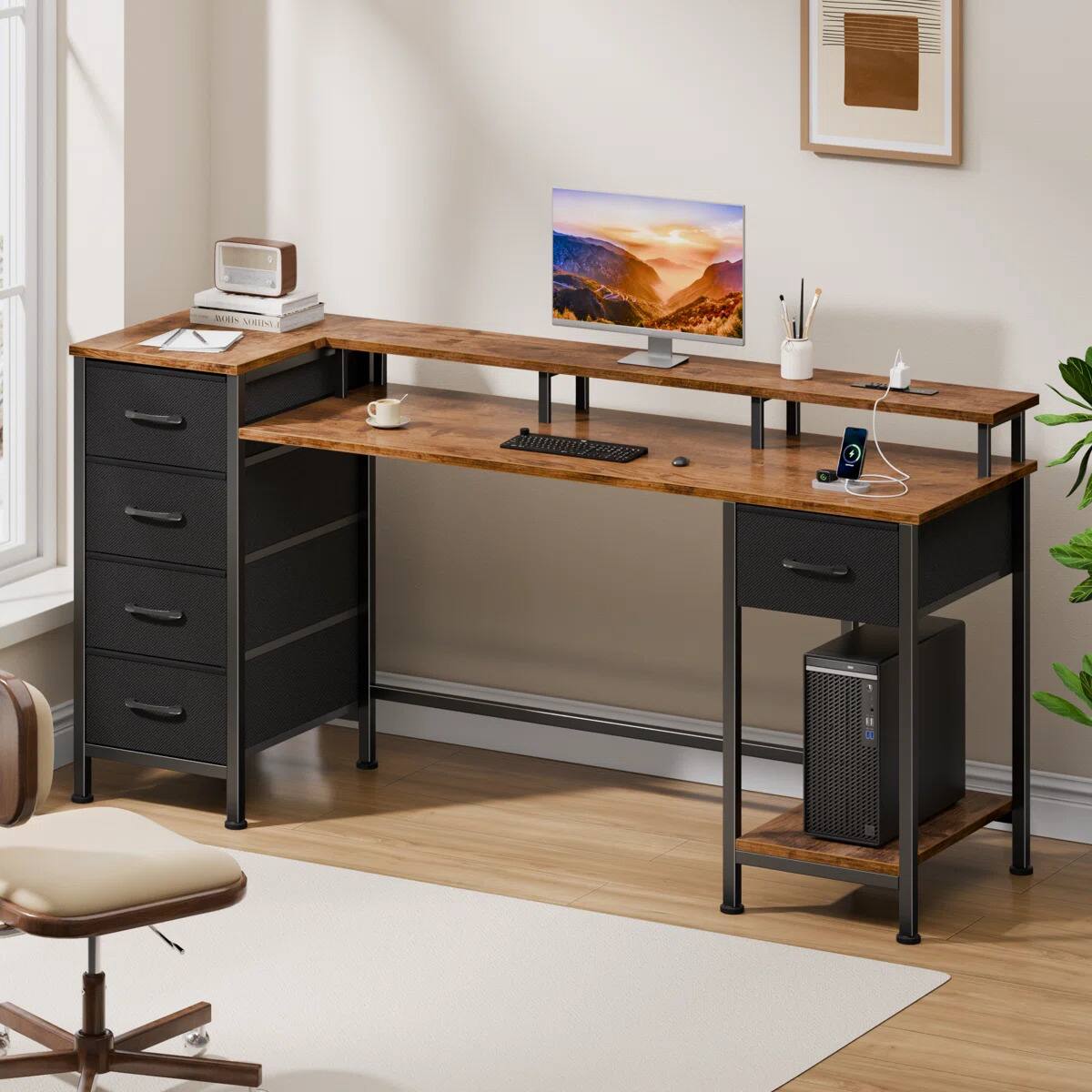 Alt View 1. Furnulem - 55 Inches Computer Desk with Monitor Stand Charging Station  LED Lights Gaming Desk with Drawers for Home Office - Brown.